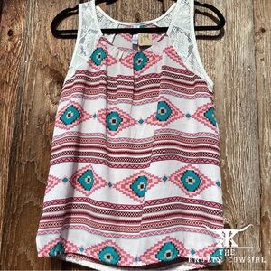 Pink/Teal Aztek Lace Tank Top, Sz Med